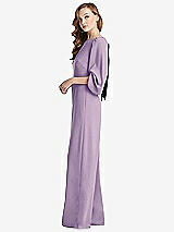 Side View Thumbnail - Pale Purple & Black Bishop Sleeve Open-Back Jumpsuit with Scarf Tie