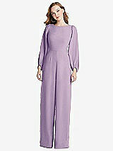 Rear View Thumbnail - Pale Purple & Black Bishop Sleeve Open-Back Jumpsuit with Scarf Tie