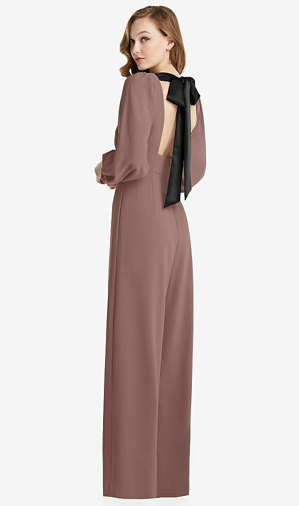Front View - Sienna & Black Bishop Sleeve Open-Back Jumpsuit with Scarf Tie