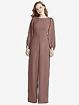 Rear View Thumbnail - Sienna & Black Bishop Sleeve Open-Back Jumpsuit with Scarf Tie