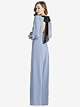 Front View Thumbnail - Sky Blue & Black Bishop Sleeve Open-Back Jumpsuit with Scarf Tie