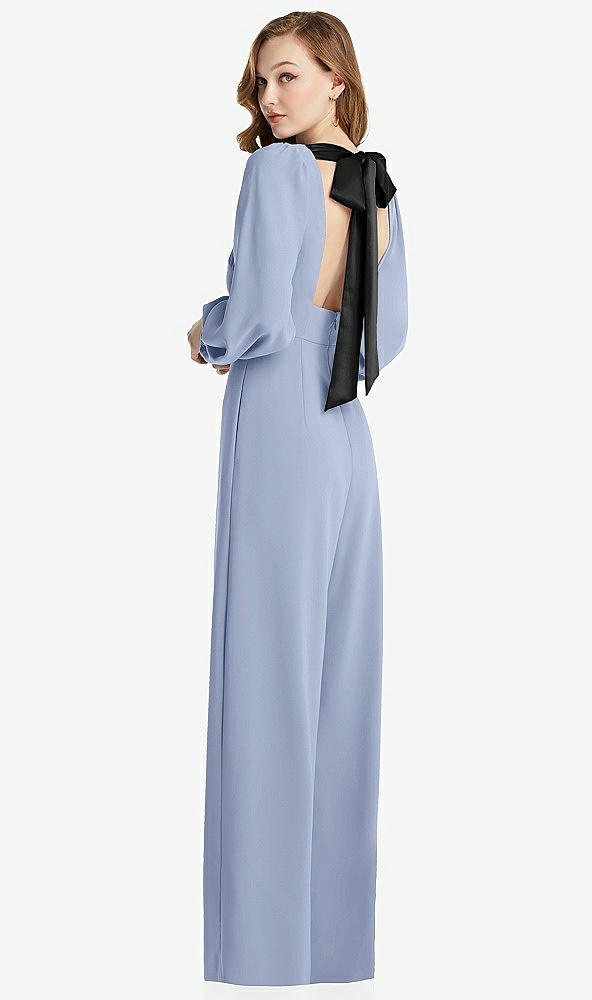 Front View - Sky Blue & Black Bishop Sleeve Open-Back Jumpsuit with Scarf Tie