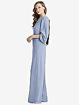 Side View Thumbnail - Sky Blue & Black Bishop Sleeve Open-Back Jumpsuit with Scarf Tie