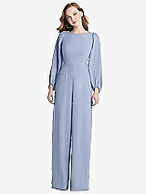 Rear View Thumbnail - Sky Blue & Black Bishop Sleeve Open-Back Jumpsuit with Scarf Tie