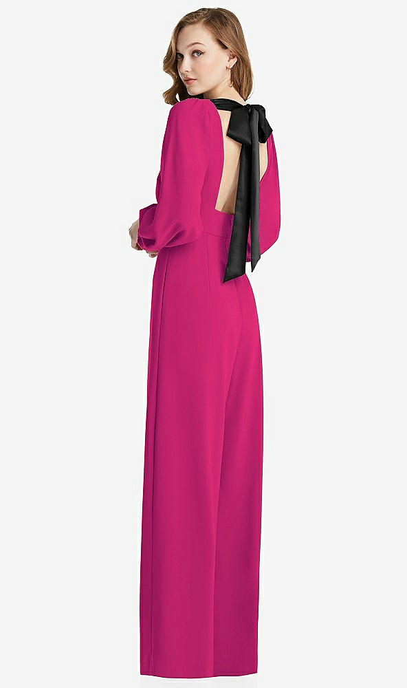 Front View - Think Pink & Black Bishop Sleeve Open-Back Jumpsuit with Scarf Tie
