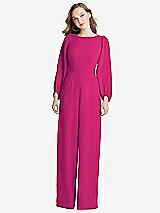 Rear View Thumbnail - Think Pink & Black Bishop Sleeve Open-Back Jumpsuit with Scarf Tie