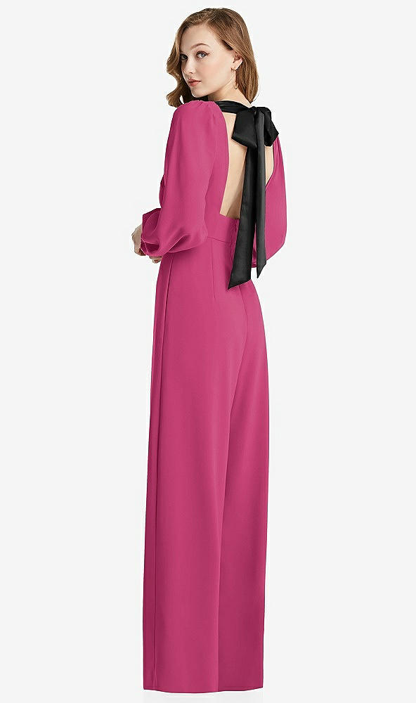 Front View - Tea Rose & Black Bishop Sleeve Open-Back Jumpsuit with Scarf Tie