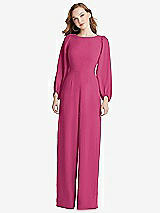 Rear View Thumbnail - Tea Rose & Black Bishop Sleeve Open-Back Jumpsuit with Scarf Tie