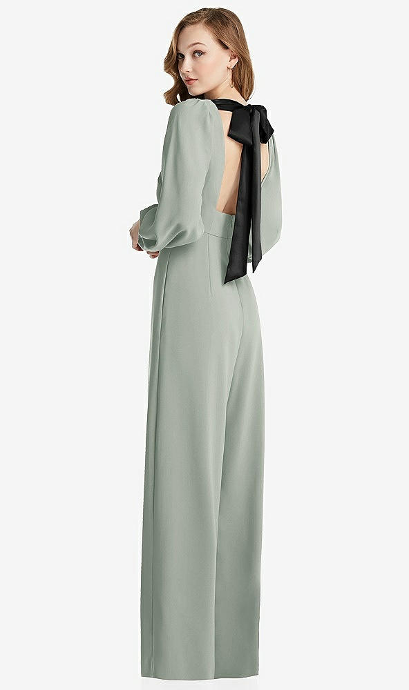 Front View - Willow Green & Black Bishop Sleeve Open-Back Jumpsuit with Scarf Tie