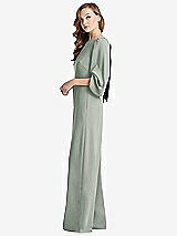 Side View Thumbnail - Willow Green & Black Bishop Sleeve Open-Back Jumpsuit with Scarf Tie