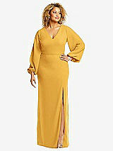 Front View Thumbnail - NYC Yellow Long Puff Sleeve V-Neck Trumpet Gown