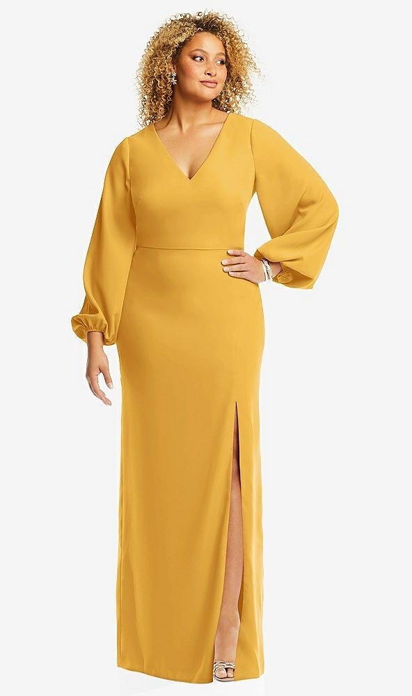 Front View - NYC Yellow Long Puff Sleeve V-Neck Trumpet Gown