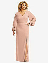 Front View Thumbnail - Pale Peach Long Puff Sleeve V-Neck Trumpet Gown