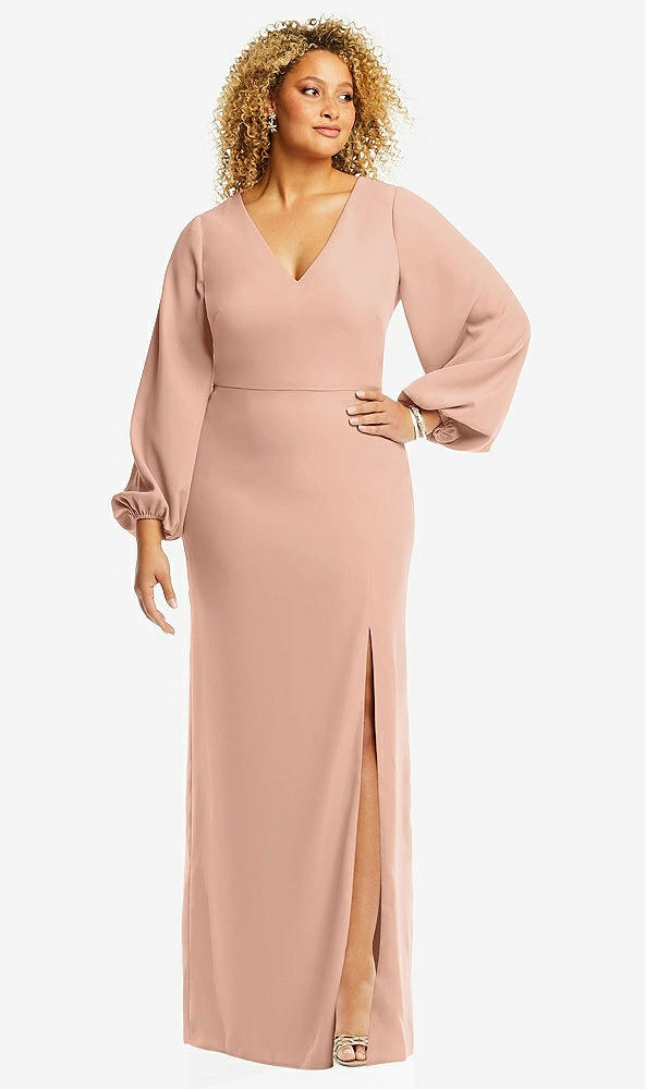 Front View - Pale Peach Long Puff Sleeve V-Neck Trumpet Gown
