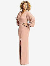 Side View Thumbnail - Pale Peach Long Puff Sleeve V-Neck Trumpet Gown