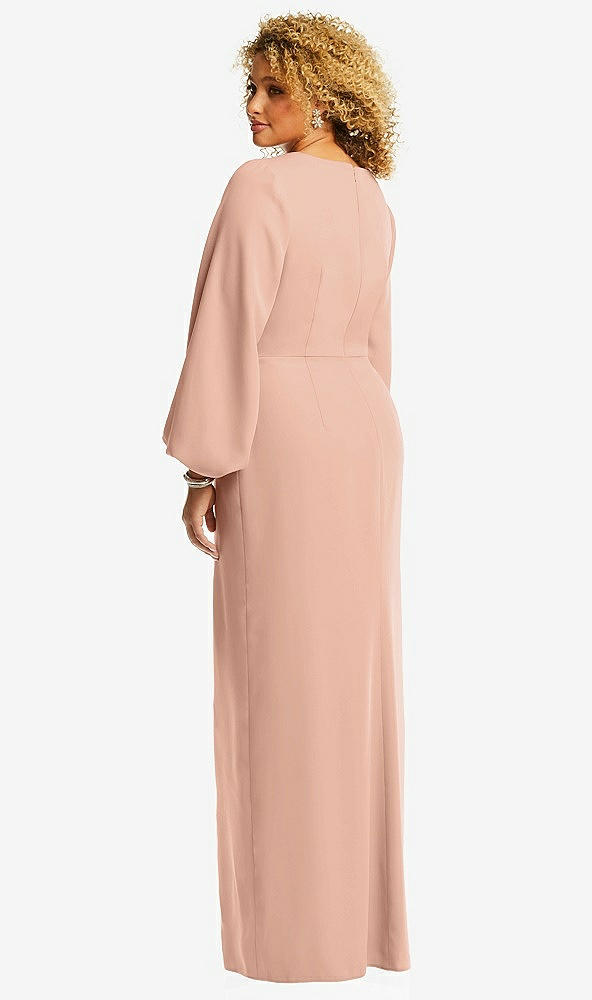 Back View - Pale Peach Long Puff Sleeve V-Neck Trumpet Gown