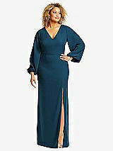 Front View Thumbnail - Atlantic Blue Long Puff Sleeve V-Neck Trumpet Gown