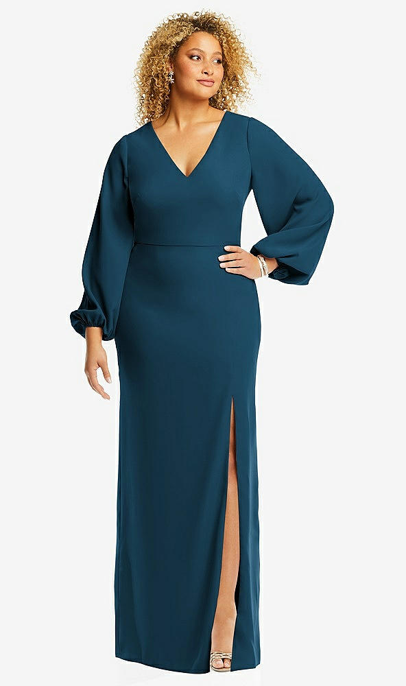 Front View - Atlantic Blue Long Puff Sleeve V-Neck Trumpet Gown