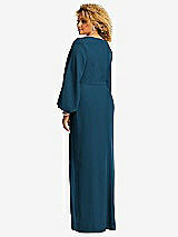 Rear View Thumbnail - Atlantic Blue Long Puff Sleeve V-Neck Trumpet Gown