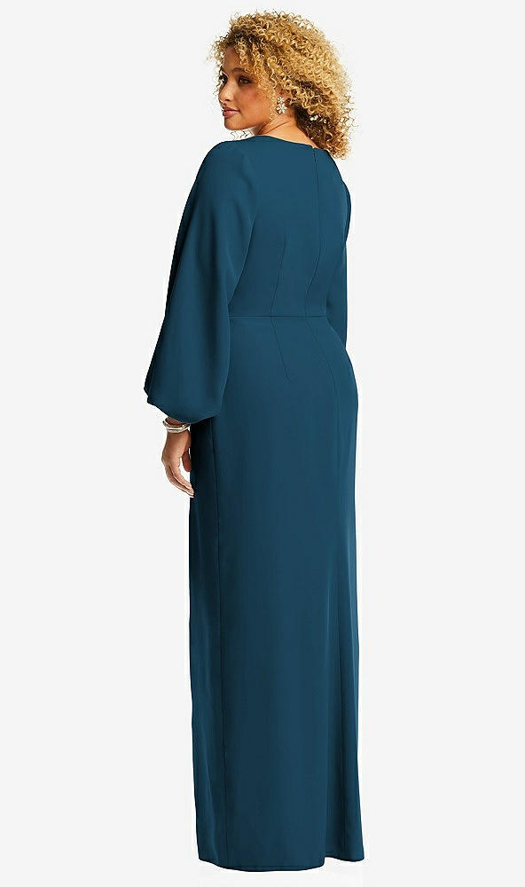 Back View - Atlantic Blue Long Puff Sleeve V-Neck Trumpet Gown
