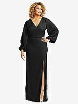 Front View Thumbnail - Black Long Puff Sleeve V-Neck Trumpet Gown