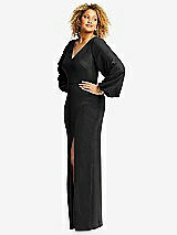 Side View Thumbnail - Black Long Puff Sleeve V-Neck Trumpet Gown