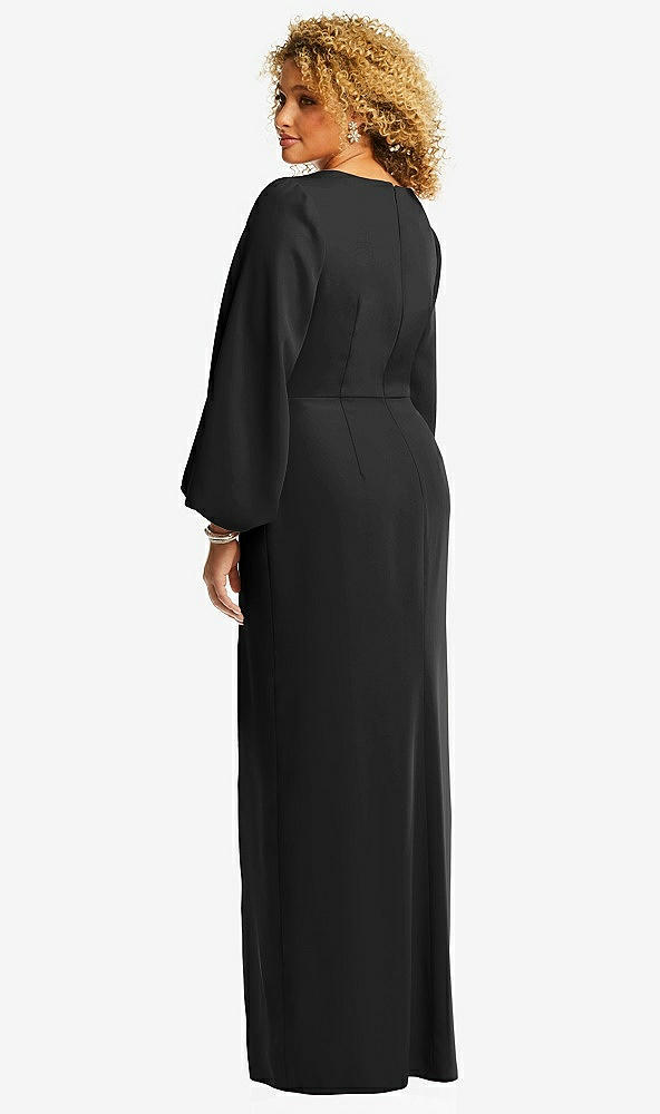 Back View - Black Long Puff Sleeve V-Neck Trumpet Gown