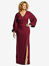 Front View Thumbnail - Burgundy Long Puff Sleeve V-Neck Trumpet Gown