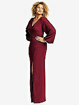 Side View Thumbnail - Burgundy Long Puff Sleeve V-Neck Trumpet Gown