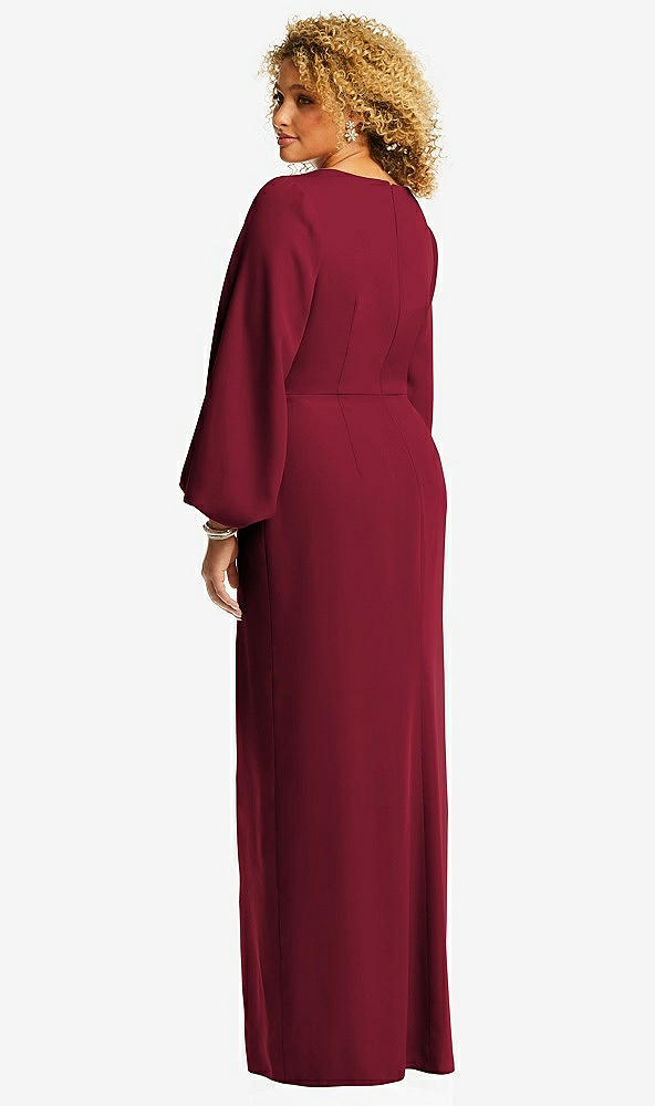 Back View - Burgundy Long Puff Sleeve V-Neck Trumpet Gown