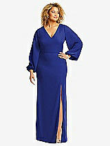 Front View Thumbnail - Cobalt Blue Long Puff Sleeve V-Neck Trumpet Gown
