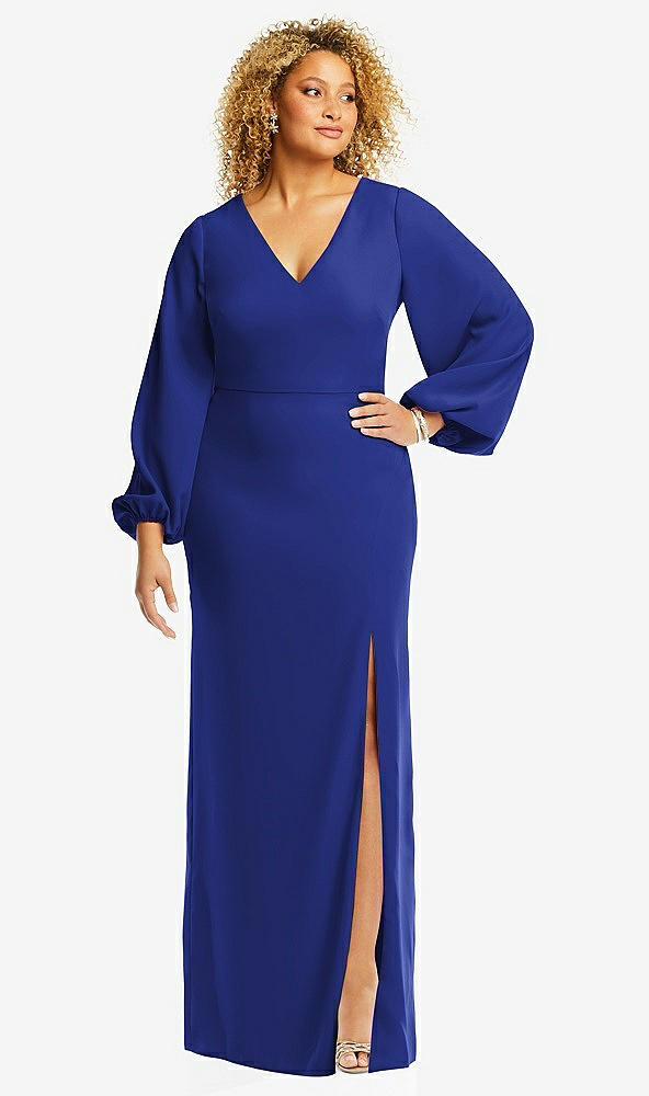 Front View - Cobalt Blue Long Puff Sleeve V-Neck Trumpet Gown