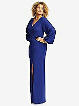 Side View Thumbnail - Cobalt Blue Long Puff Sleeve V-Neck Trumpet Gown