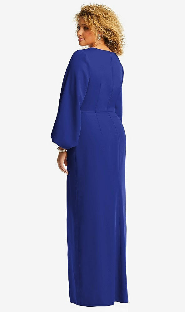 Back View - Cobalt Blue Long Puff Sleeve V-Neck Trumpet Gown