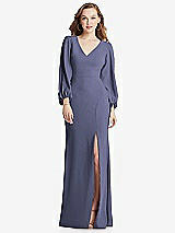 Alt View 1 Thumbnail - French Blue Long Puff Sleeve V-Neck Trumpet Gown