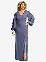Front View Thumbnail - French Blue Long Puff Sleeve V-Neck Trumpet Gown