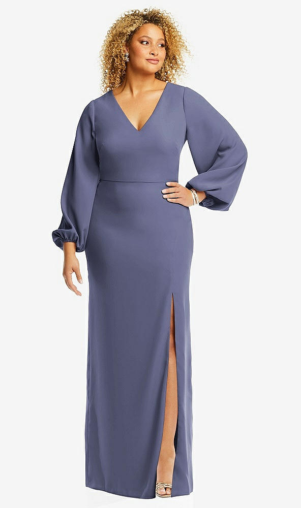 Front View - French Blue Long Puff Sleeve V-Neck Trumpet Gown