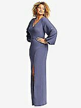 Side View Thumbnail - French Blue Long Puff Sleeve V-Neck Trumpet Gown