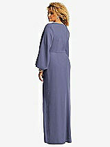 Rear View Thumbnail - French Blue Long Puff Sleeve V-Neck Trumpet Gown