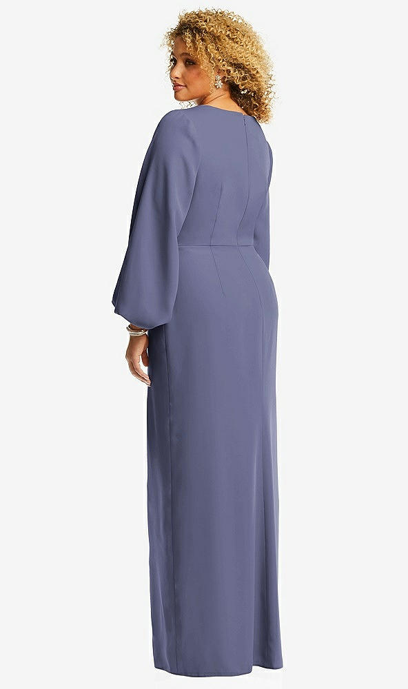 Back View - French Blue Long Puff Sleeve V-Neck Trumpet Gown
