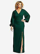Front View Thumbnail - Hunter Green Long Puff Sleeve V-Neck Trumpet Gown