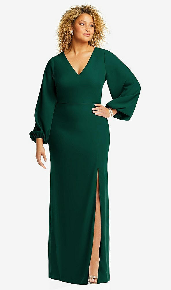 Front View - Hunter Green Long Puff Sleeve V-Neck Trumpet Gown