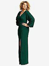Side View Thumbnail - Hunter Green Long Puff Sleeve V-Neck Trumpet Gown