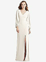 Alt View 1 Thumbnail - Ivory Long Puff Sleeve V-Neck Trumpet Gown
