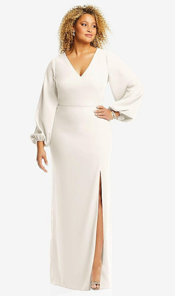 Front View - Ivory Long Puff Sleeve V-Neck Trumpet Gown