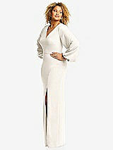 Side View Thumbnail - Ivory Long Puff Sleeve V-Neck Trumpet Gown