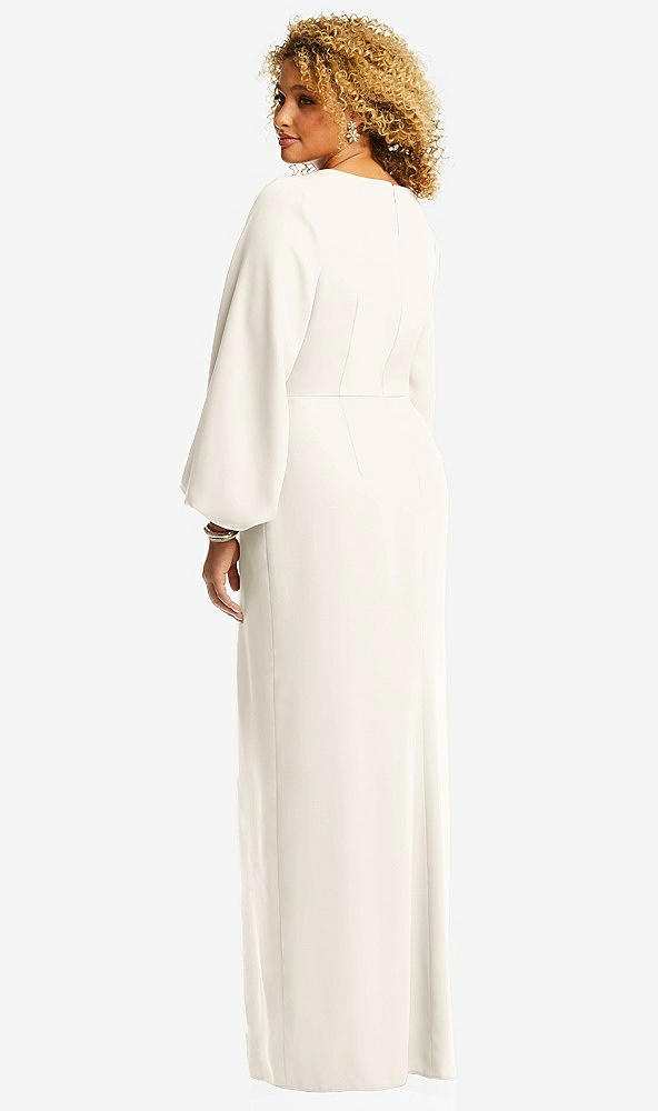 Back View - Ivory Long Puff Sleeve V-Neck Trumpet Gown