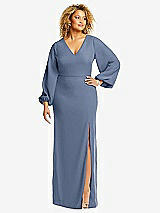 Front View Thumbnail - Larkspur Blue Long Puff Sleeve V-Neck Trumpet Gown