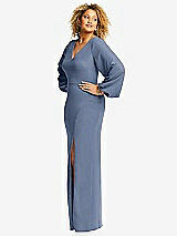 Side View Thumbnail - Larkspur Blue Long Puff Sleeve V-Neck Trumpet Gown