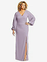 Front View Thumbnail - Lilac Haze Long Puff Sleeve V-Neck Trumpet Gown